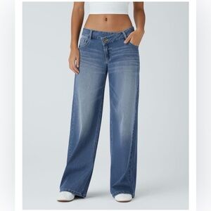 Halara Flex Asymmetric Low Rise Zipper Pockets Baggy Wide Leg Casual Size L Reg